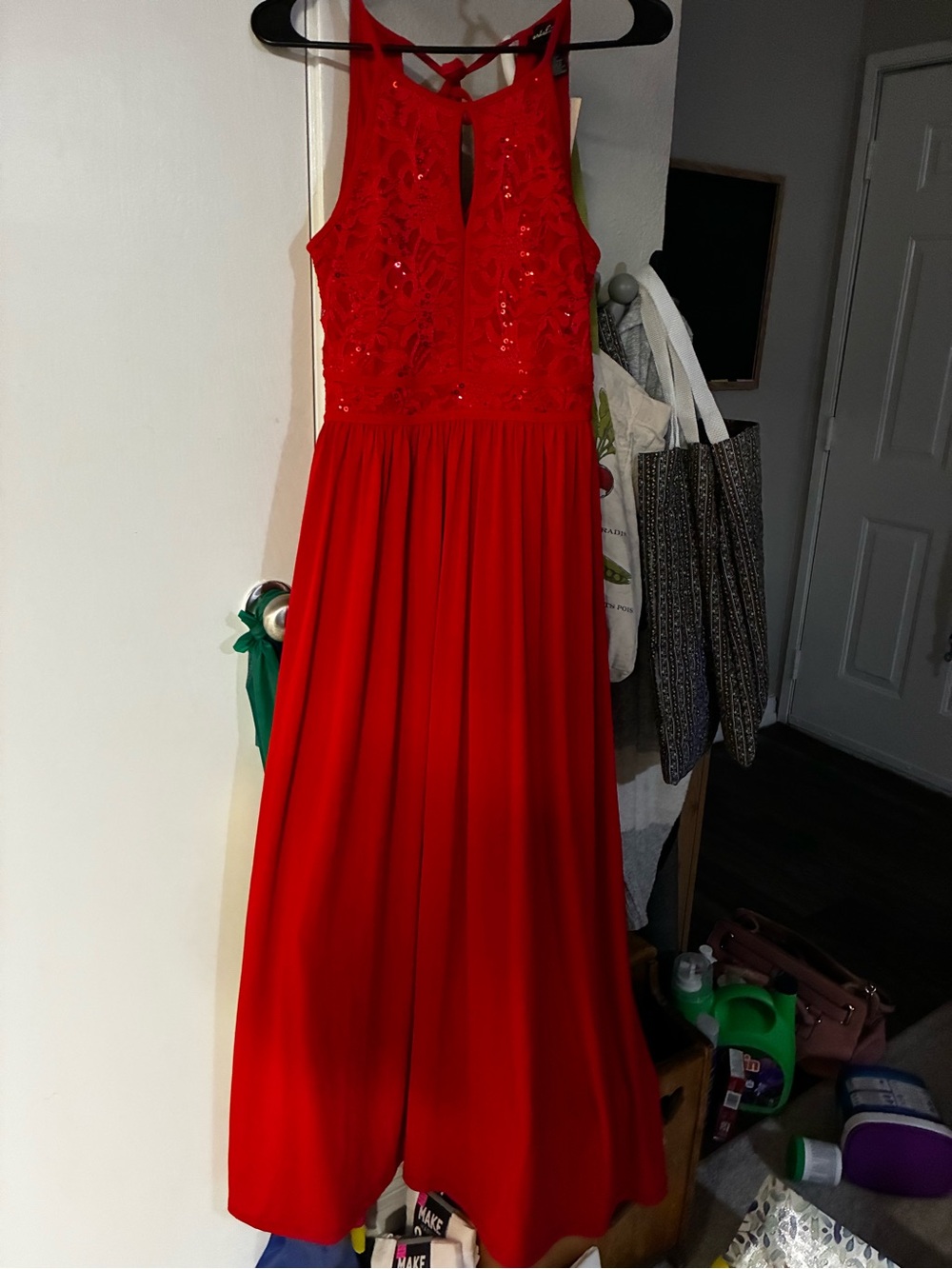 Strapless Red Embellished Evening Dress